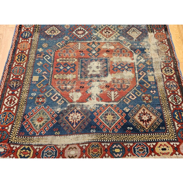 Antique Caucasian Kazak Rug, Medallion Pattern, Hand-Knotted Wool, Blue & Red, 4' x 8' For Sale - Image 11 of 16