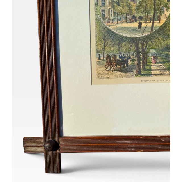 Wood Antique 1870s Hand-Colored Engraving “Brooklyn Street-Scenes” From Picturesque America, in Victorian Crossed-Corner Stick Frame For Sale - Image 7 of 8