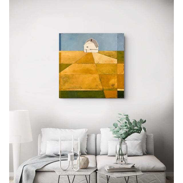Golden Fields by Justin Wheatley | Acrylic on Canvas White Barn With Gold Fields For Sale - Image 10 of 12