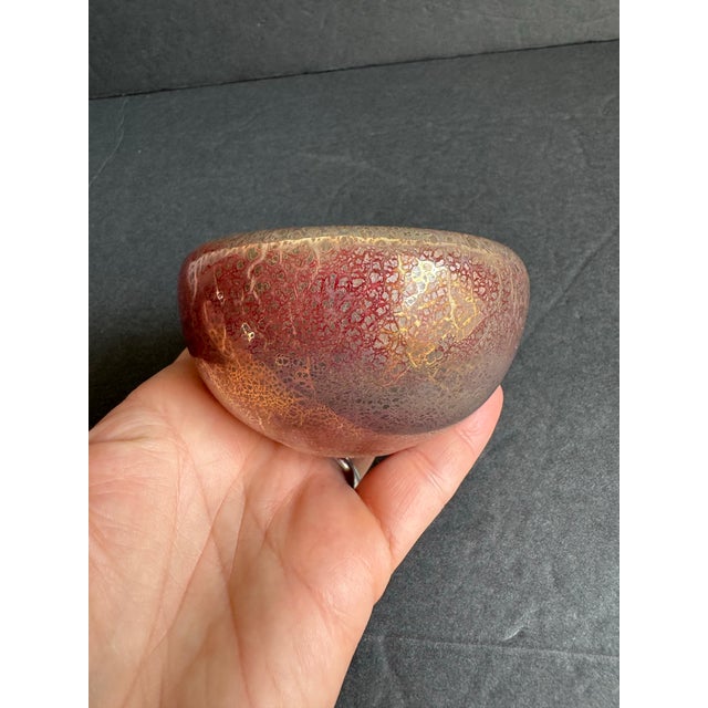 Vintage Art Glass Bowl Iridescent Crackle Red Gold Murano Barovier Style Votive Holder Signed 2003 Unknown maker, in the...
