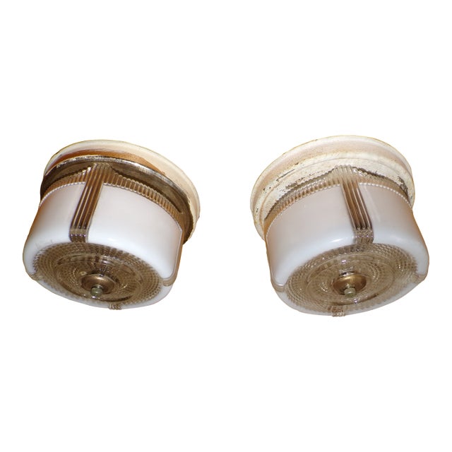 Vintage Art Deco Round Ceiling Light Fixture Milk & Clear Glass Shade For Sale