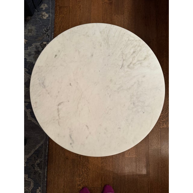 Pottery Barn side table crafted of kiln-dried mango wood with a white Banswara marble top. Contract grade item,...