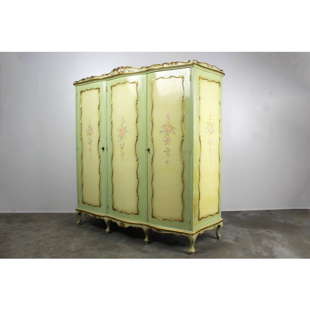 Venetian Baroque Green Lacquered Hand-Painted Floral Three-Door Wardrobe, 1950s For Sale - Image 12 of 17