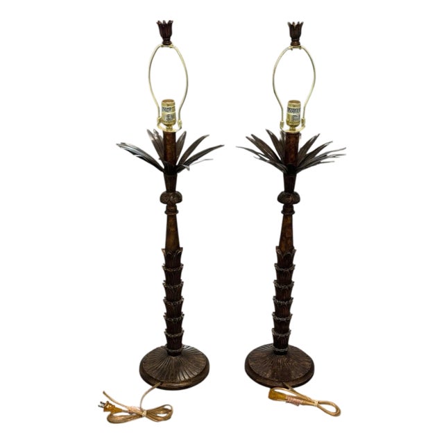 Vintage Bronze Palm Tree Table Lamps - a Pair For Sale