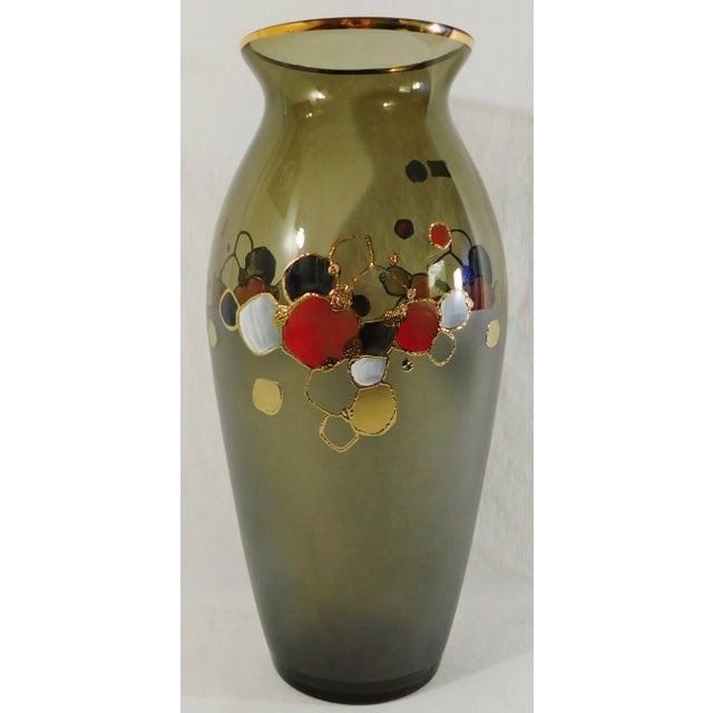 Beautiful large mid century Egermann Bohemia crystal with red, white, black, and 24 karat gold trim design. Handmade in...