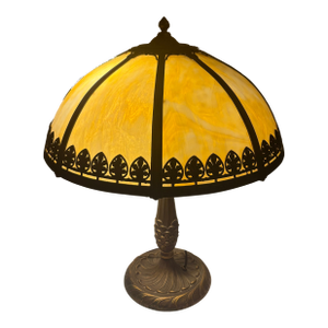 Early Mid-20th Century Slag Glass Table Lamp With Ornate Cast Metal Shade