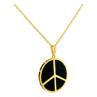 14K Yellow Gold Black Onyx Peace Sign Pendant Slide Modern Estate For Sale