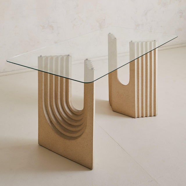 1970s Italian Sandstone Base Dining Table with Glass Top in the Manner of Carlo Scarpa For Sale - Image 5 of 9