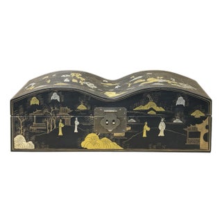 Black Lacquer Chinoiserie-Style Gold Silver Scenery Graphic Rectangular Box For Sale