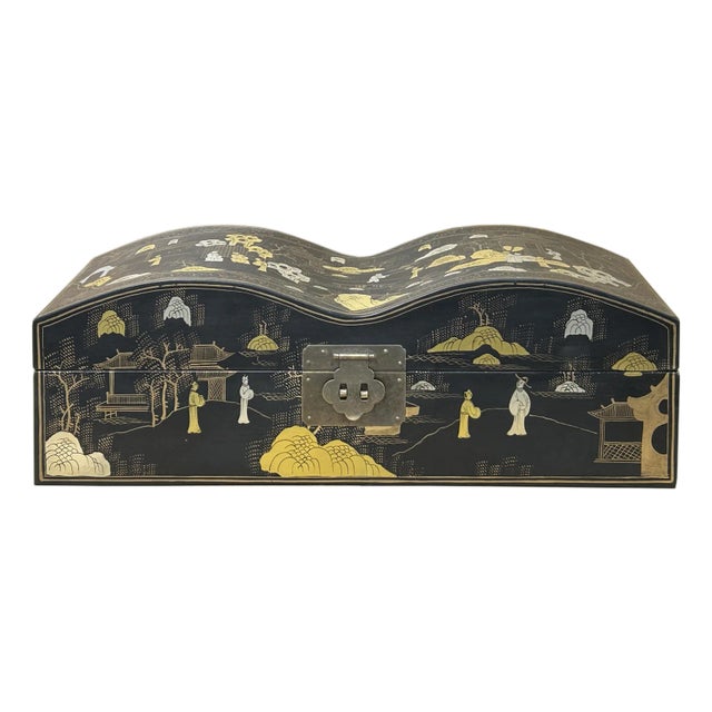 Black Lacquer Chinoiserie-Style Gold Silver Scenery Graphic Rectangular Box For Sale
