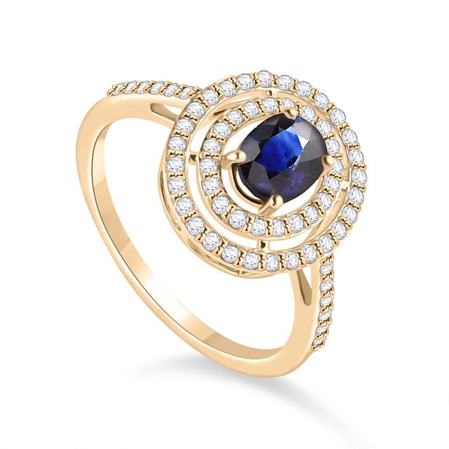 Contemporary 14k Gold Blue Sapphire Halo Diamond Ring Size 7 For Sale - Image 3 of 12