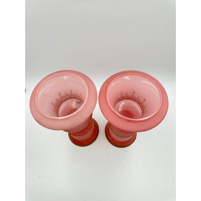 Medici Vases in Pink Opaline with Gilt and Enamel Decoration and Brass-Rimmed Feet, 1890s, Set of 2 For Sale - Image 6 of 11
