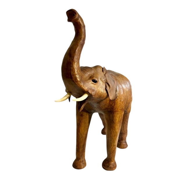 Moroccan Vintage Moroccan Leather Elephant Sculpture, Handcrafted With Glass Eyes, 26.5” Tall For Sale - Image 3 of 18