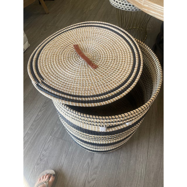 Coastal Pigeon and Poodle Striped Hamper For Sale - Image 3 of 5