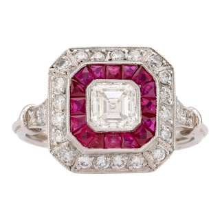 1920s Art Deco Style Diamond Ruby Platinum Square Halo Ring Size 6.25 For Sale