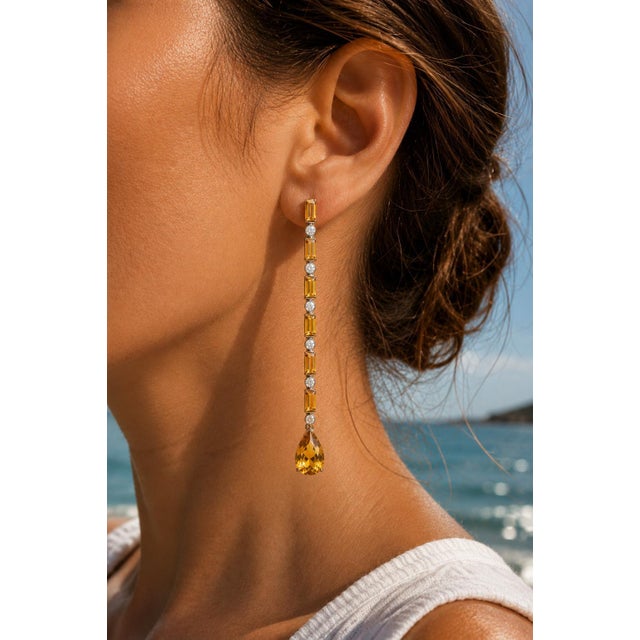 Citrine Long Drop Earrings, Silver, Gold, Pair For Sale - Image 6 of 7