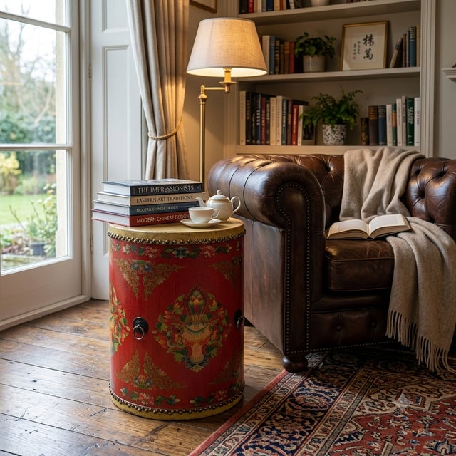 Distressed Red Lotus Tibetan Style Jewel Tower Graphic Round Drum Table For Sale In San Francisco - Image 6 of 8
