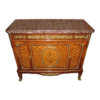 Louis XVI Style Marquetry Ormolu-Mounted Tall Marble-Top Commode For Sale