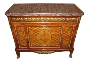 Louis XVI Style Marquetry Ormolu-Mounted Tall Marble-Top Commode