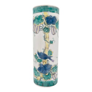 Vintage Chinoiserie Blue and Green Ceramic Vase Hand Painted With Gourds, a Bird and Bamboo
