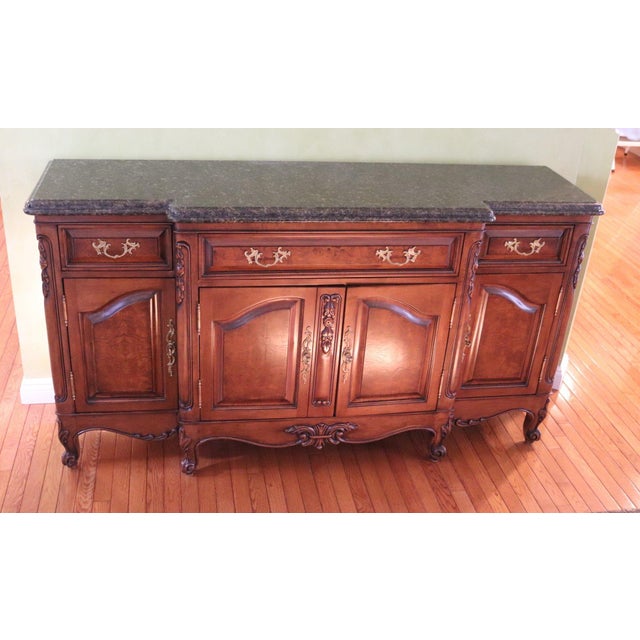 71” Bau Furniture French Louis XV Burl Wood And Green Marble Sideboard Buffet Transform your interior with this masterful...