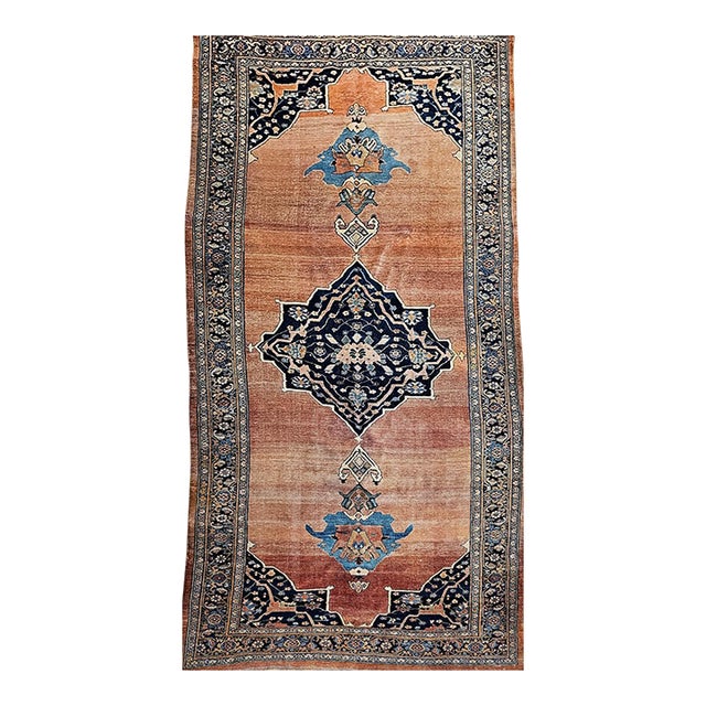 19th Century Bidjar Gallery Rug, Hand-Knotted Wool, Geometric Pattern, Brick-Red & Navy, 7’ X 15’ For Sale