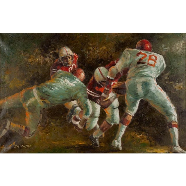 Presented is an original oil-on-canvas painting of a football game by American artist Jay Cooper. In the composition, two...