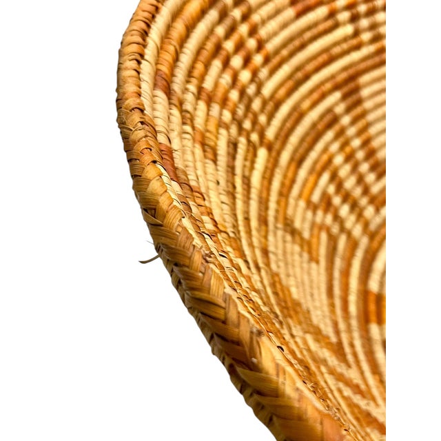 Orange Vintage Large Size Southwest Style Coiled Reed Basket With Geometric Pattern 26” Diameter For Sale - Image 8 of 11