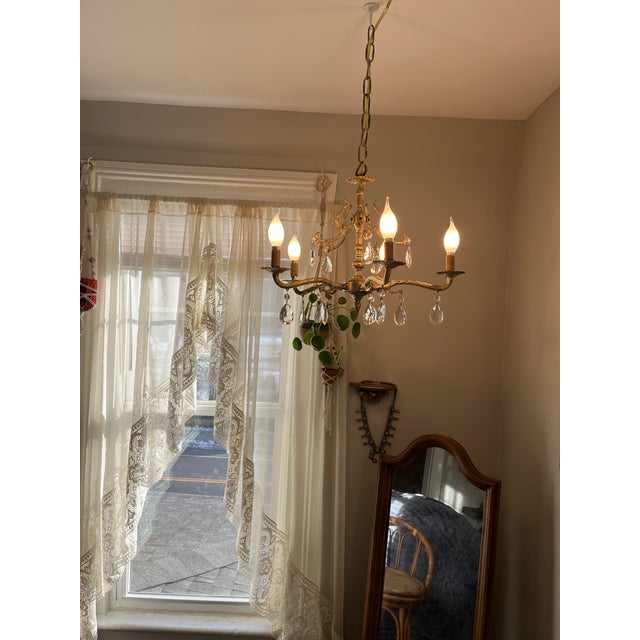 Hollywood Regency Solid Brass Floral Chandelier With Crystals (C. 1920s-1940s) For Sale - Image 3 of 4