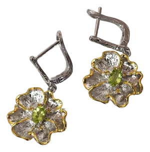 Artisan Peridot Citrine Flower Dangle Earrings Sterling Silver 18k Gold Vermeil Drops, A Pair