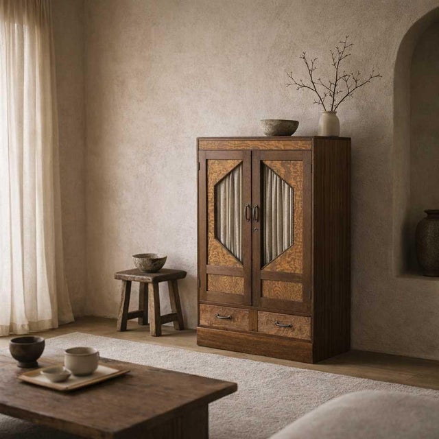Japanese Antique Refinished Cabinet With Figured Wood Panels and Fabric Inserts For Sale - Image 17 of 17