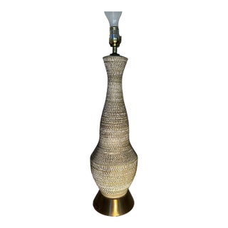 Mid 20th Century Large Handmade Bitossi-Style Green Ceramic Lamp With Etching & Brass Base For Sale