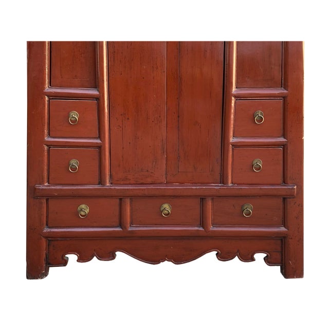 1980s Chinese Vintage Distressed Brick Red Color Narrow a Shape Cabinet For Sale - Image 5 of 6