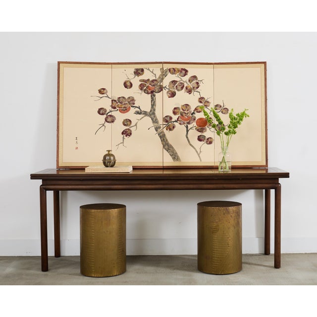 Exquisite mid-20th century Showa period four panel folding byobu screen featuring a fruiting pomegranate tree over a...