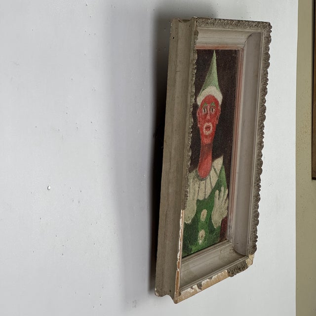 Textile Vintage Folk Art Oil on Woven Fabric Painting of Red Faced Circus Clown in Green Suit, Signed J D For Sale - Image 7 of 10
