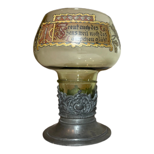 1920s Large Friedr. Van Hauten Enameled Hand Blown Glass Pewter Drinking Vessel Roemer