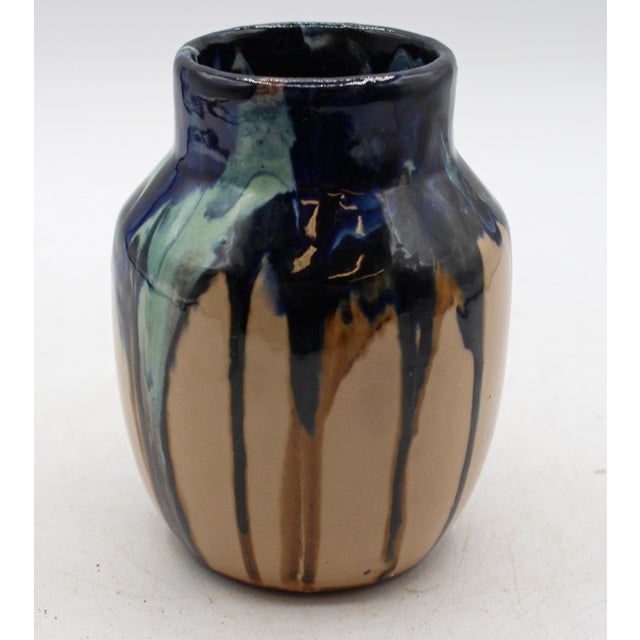 Small Zane Pottery drip glazed vase, post-1921 mark. Richly colored. White clay used after 1926. Logo mark: ZCPO, Zanes...