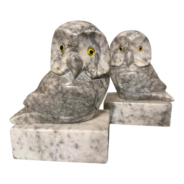 1950s Hand Carved Alabaster Owl With Glass Eyes Bookends- a Pair For Sale