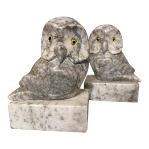 1950s Hand Carved Alabaster Owl With Glass Eyes Bookends- a Pair