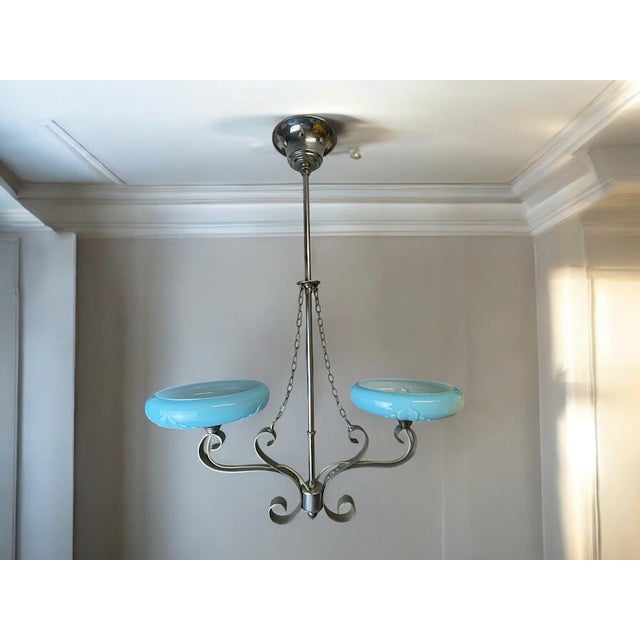 Art Deco Chandelier with Two Opaline Blue Glass Shades, 1940s For Sale - Image 14 of 14