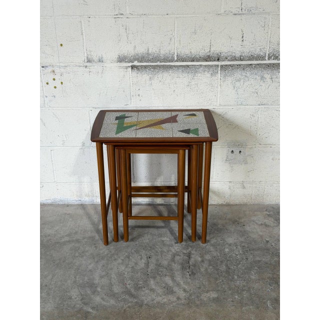 Brown Teak Abstract Mosaic Tile Top Nesting Tables Set of 3 Mid-Century Modern 1960s For Sale - Image 8 of 10