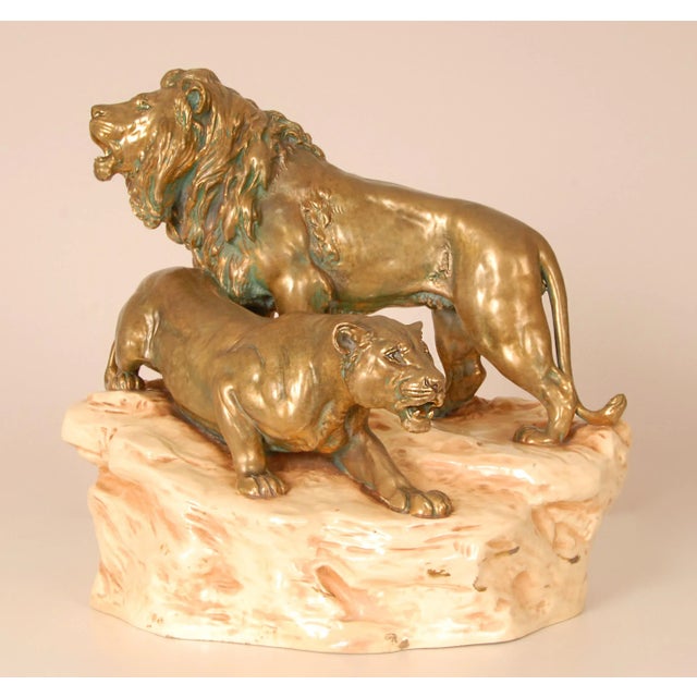 Antique Porcelain Sculpture Lions Signed Viennese Porcelain Group Gold Beige For Sale - Image 18 of 18