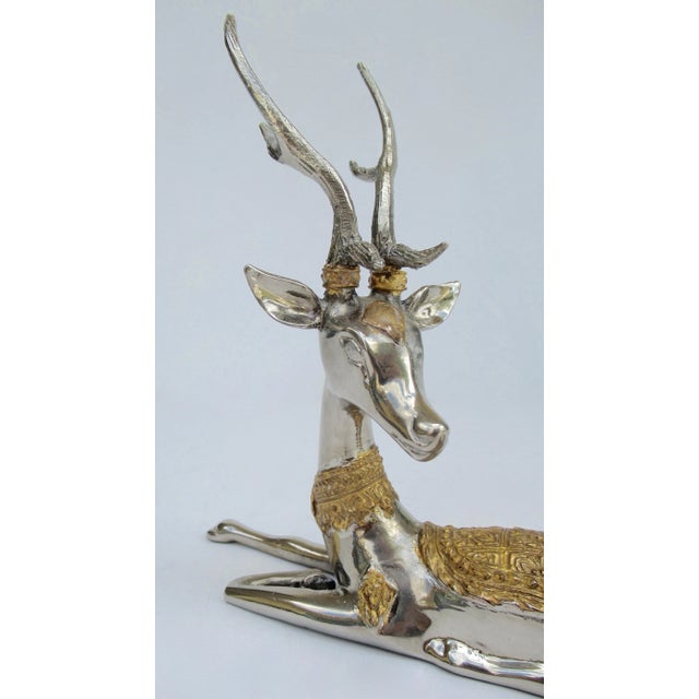 Metal Vintage C.1970's Asian (Thailand) Nickel Plate and Gilt Gold Embellished Antler Reindeer For Sale - Image 7 of 12