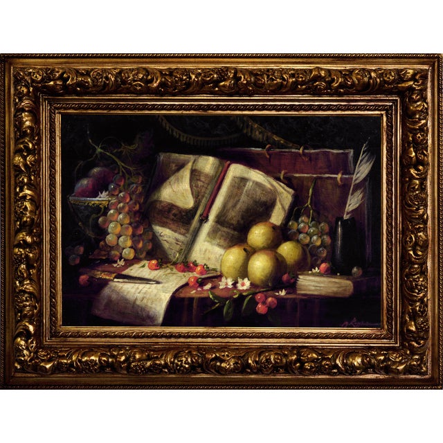 Massimo Reggiani, Still Life with Fruit, Book and Quill, 1990s, Oil Painting on Canvas, Framed For Sale - Image 7 of 7