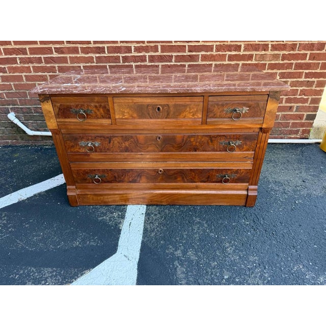 Antique 19th century Victorian style Burledwood Marble 5 Drawer Chest Dresser Solid wood frame, sturdy Circa late 19 to...