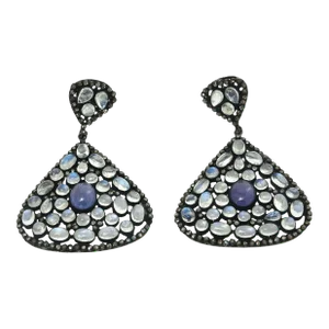 Moonstone, Tanzanite and Black Diamond Dangle Blue, Purple Pierced Drop Dangle Earrings - 2 Pieces