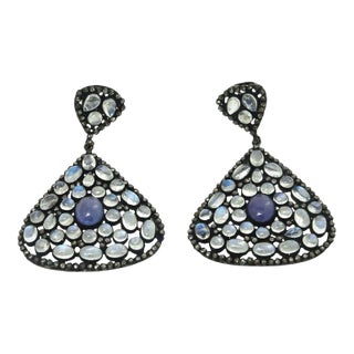 Moonstone, Tanzanite and Black Diamond Dangle Drop Pierced Earrings , Blue Purple For Sale