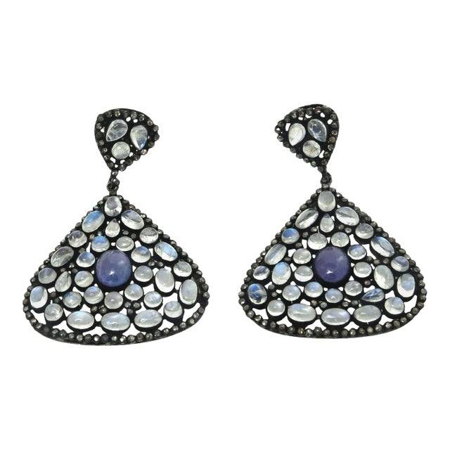 Moonstone, Tanzanite and Black Diamond Dangle Drop Pierced Earrings , Blue Purple For Sale