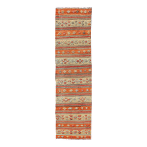 Vintage Turkish Kilim Runner With Orange, Taupe, and Soft Blue Stripe 2'11 X 11'7