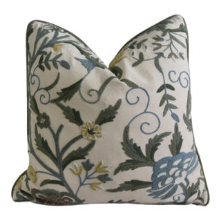 English Floral Crewel & Velvet Feather/Down Pillow For Sale
